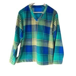 Liz Claiborne Vintage 90s Plaid Fleece V-Neck Pullover Sweater L Cabin Retro